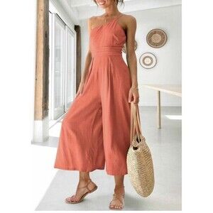 One-Shoulder Rust Wide-Leg Jumpsuit